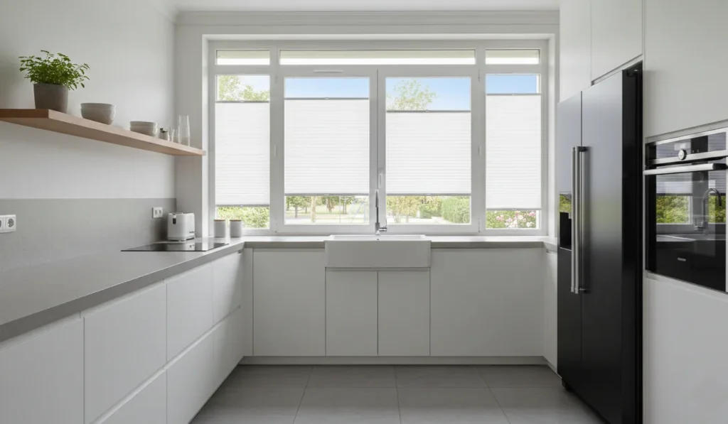 Cortina plisada blanca en cocina con ventanal