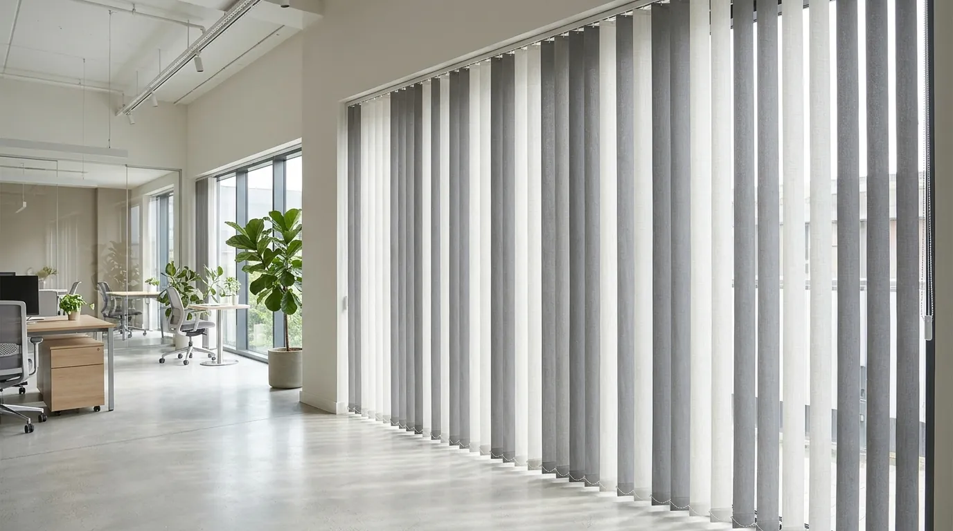 Cortina vertical combinando telas gris y blanca en un local comercial