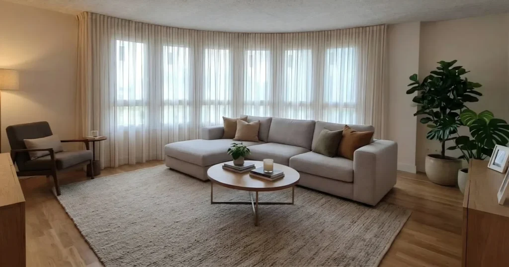 Cortinas a medida de tejido translúcido en salón amplio con ventanal