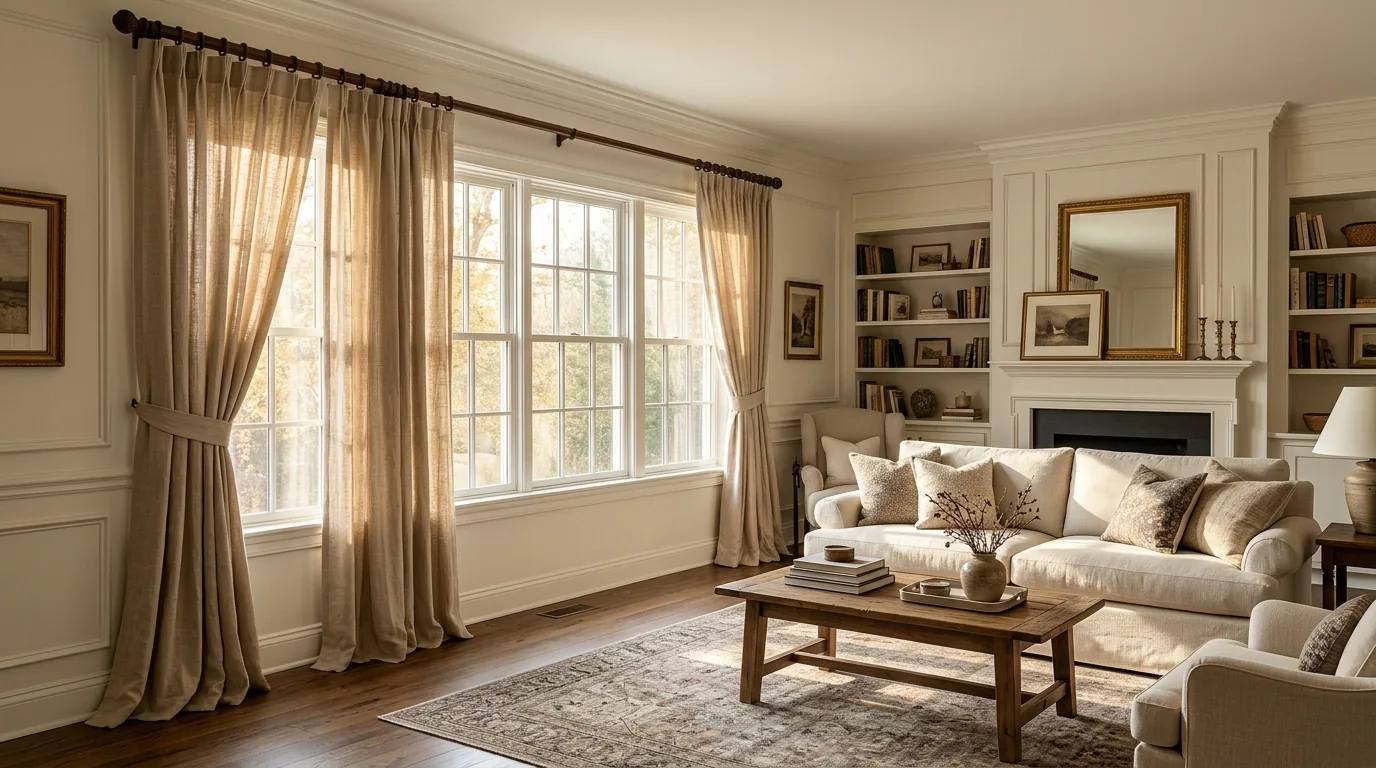 Salón clásico con cortinas tradicionales de lino beige y riel de madera