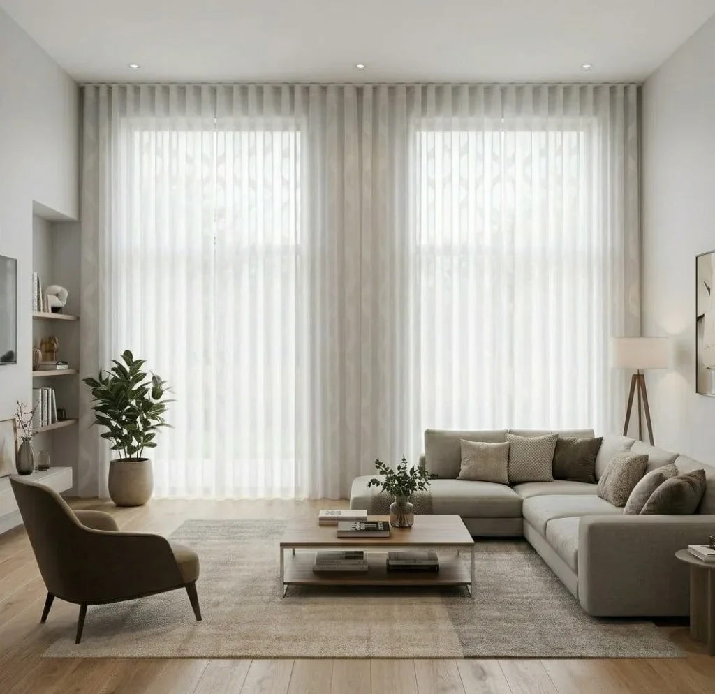 Cortinas de visillo en ventanales altos de un salón luminoso