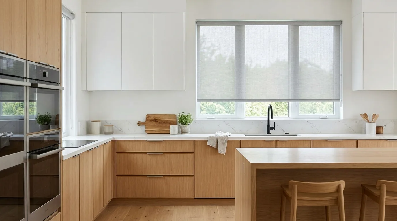Cocina moderna con estor enrollable de tela screen sobre la ventana