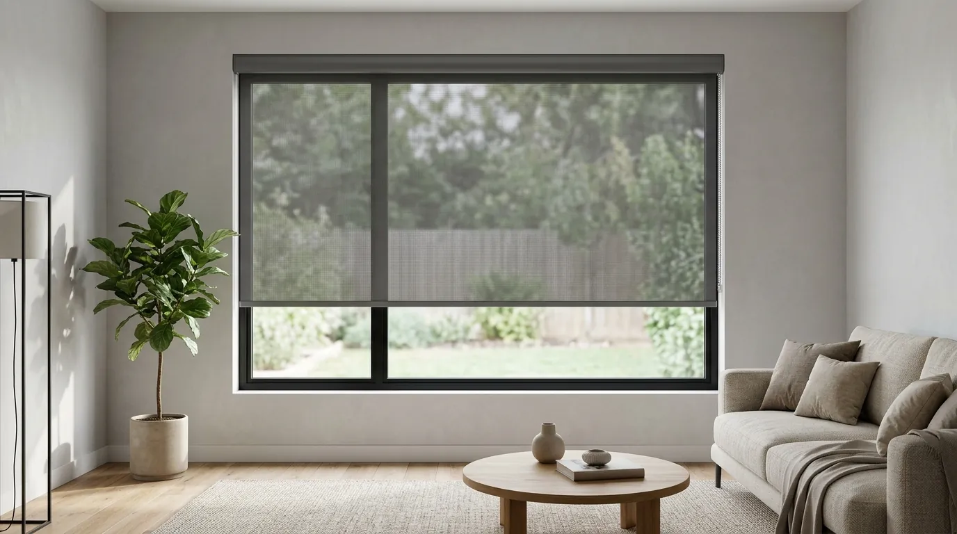 Estor screen gris antracita en un salón moderno
