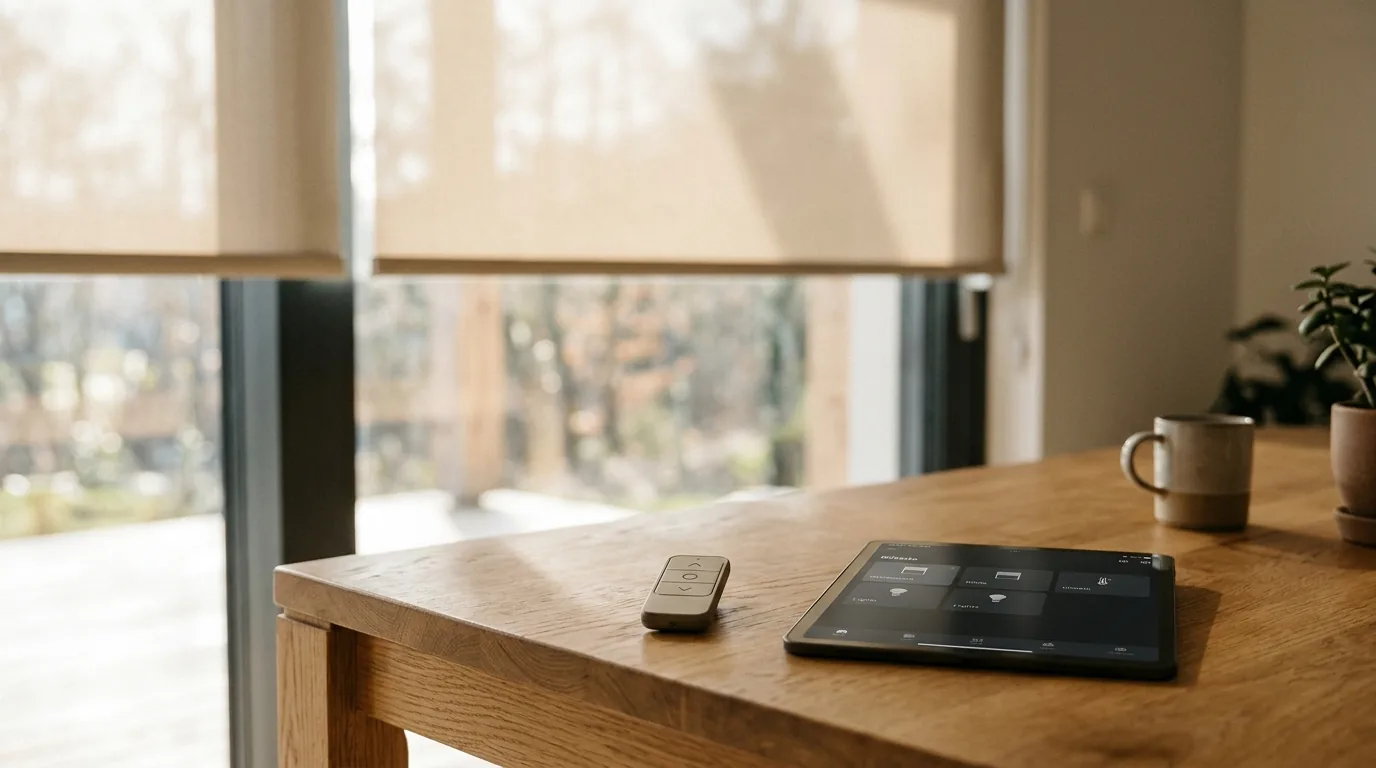 Mando a distancia y tablet de domótica con persiana motorizada al fondo