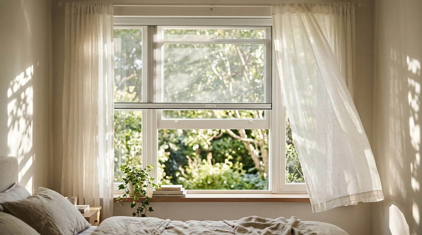 Ventana de dormitorio con mosquitera enrollable y cortinas ligeras