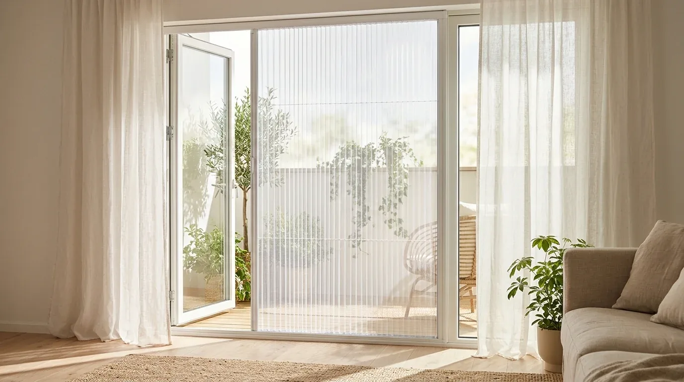 Puerta balconera abierta con mosquitera plisada blanca a medida y cortinas ligeras
