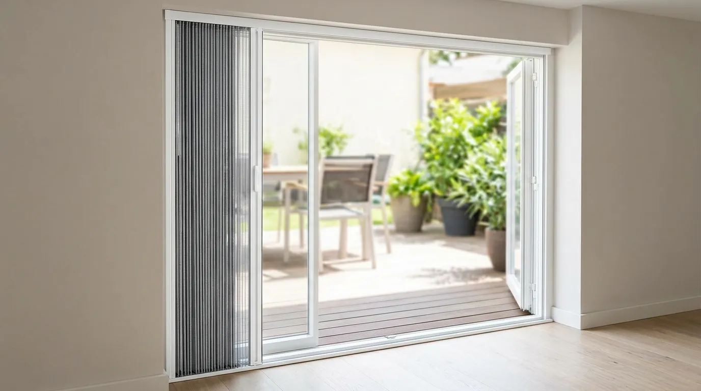 Mosquitera plisada con malla gris recogida a un lado en una puerta de patio
