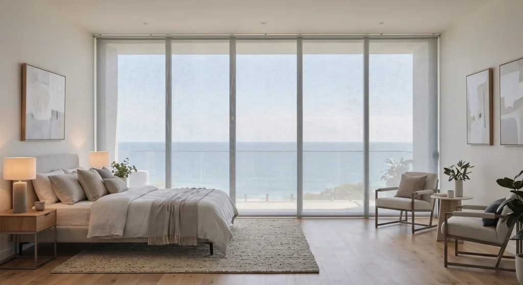 Panel japonés de tela clara semitransparente en dormitorio con vistas al mar
