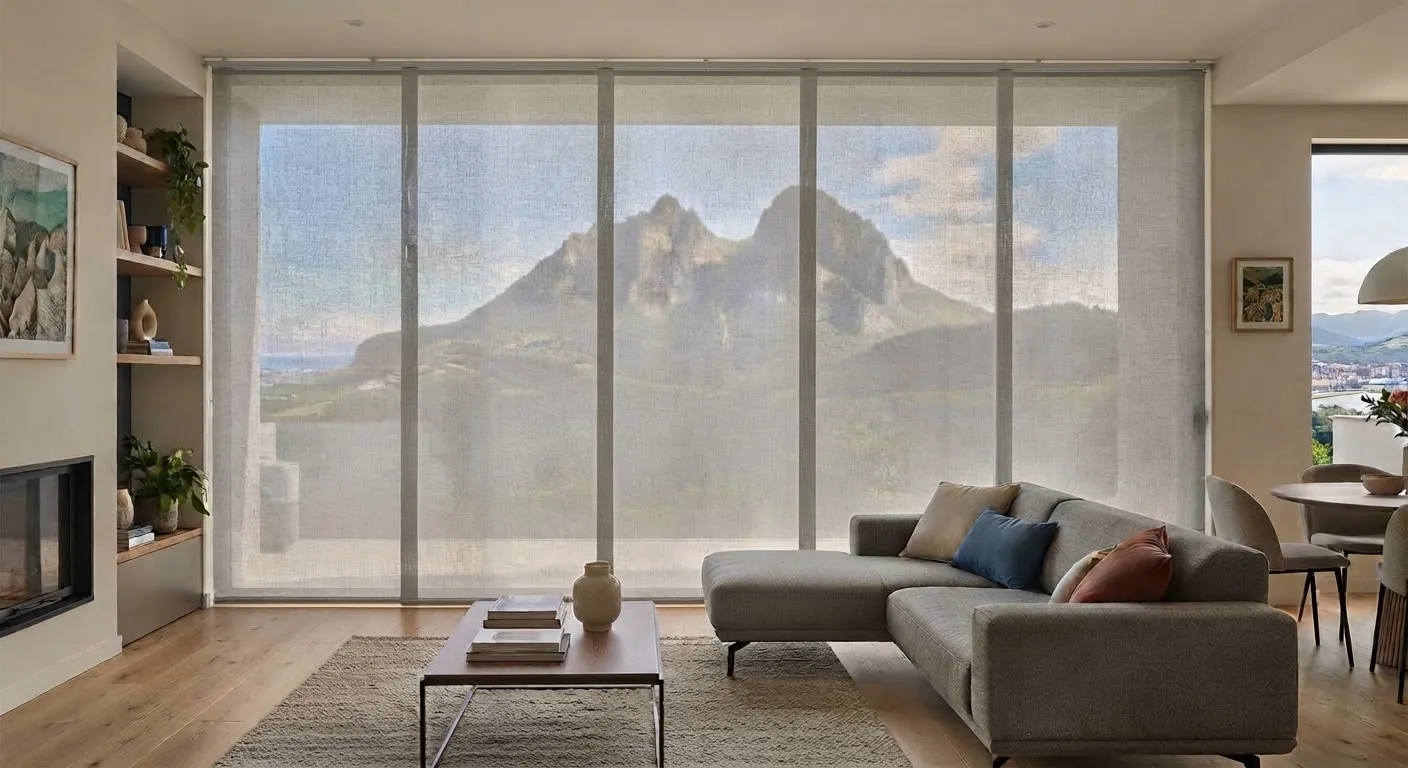 Panel japonés de tela clara en salón con ventanal y vistas a la montaña