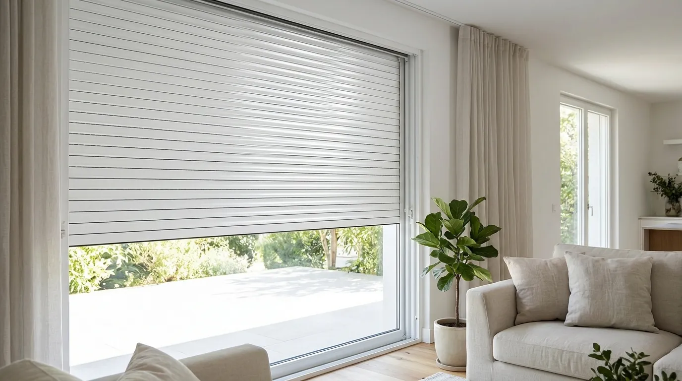 Persiana de aluminio laminado blanca medio bajada en un salón luminoso