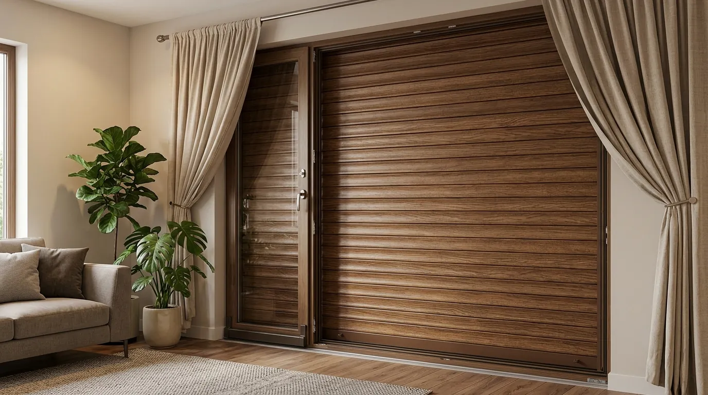 Persiana autoblocante de seguridad con efecto madera en una puerta balconera