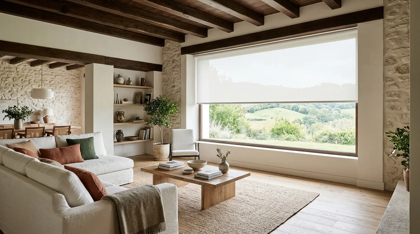 Persiana de aluminio enrollable blanca en un salón luminoso de estilo rural vasco