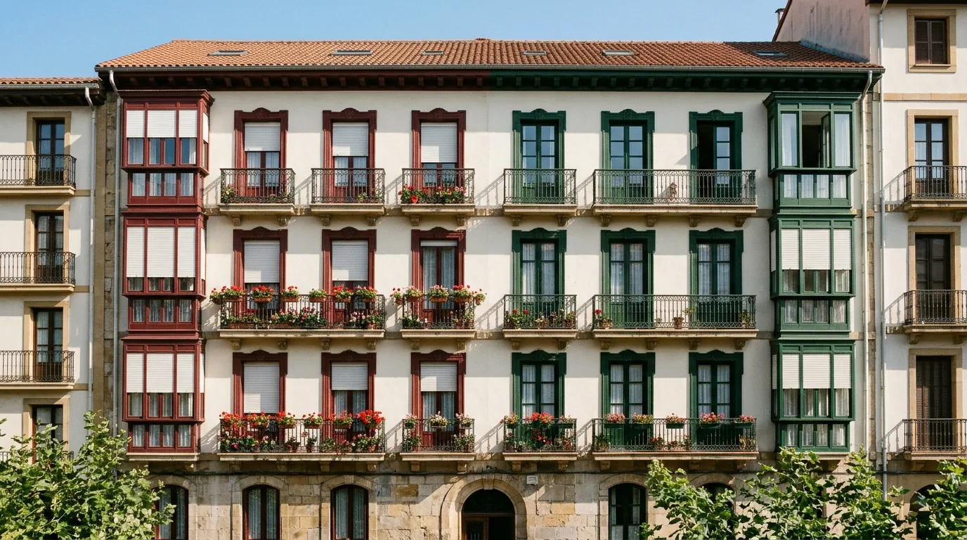 Fachada de un edificio de viviendas en el País Vasco con persianas de aluminio