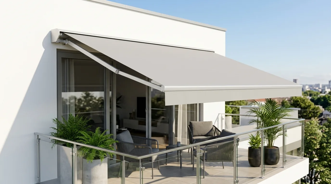 Toldo de brazo invisible Cambales nuevo en el balcón de un edificio moderno