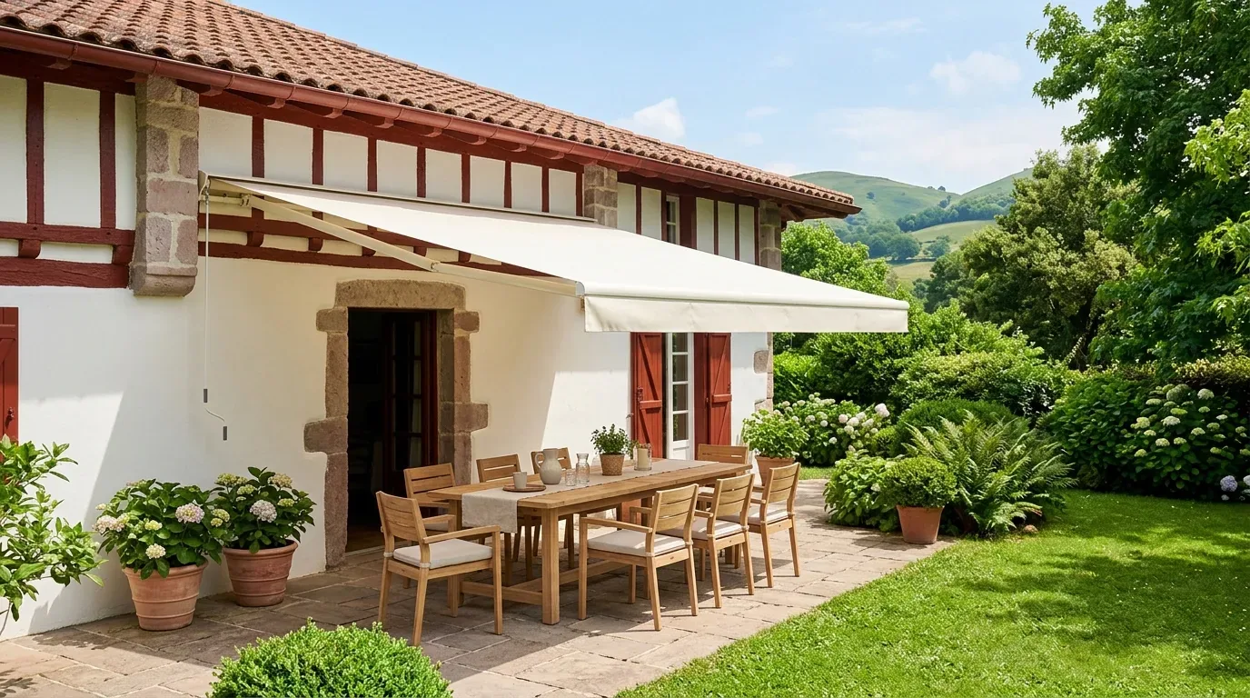 Toldo de brazo invisible extendido sobre la terraza de una casa vasca