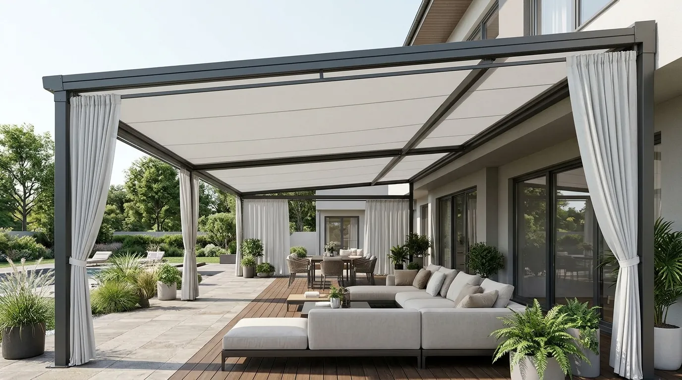 Toldo plano de corredera Ordesa cubriendo una gran terraza