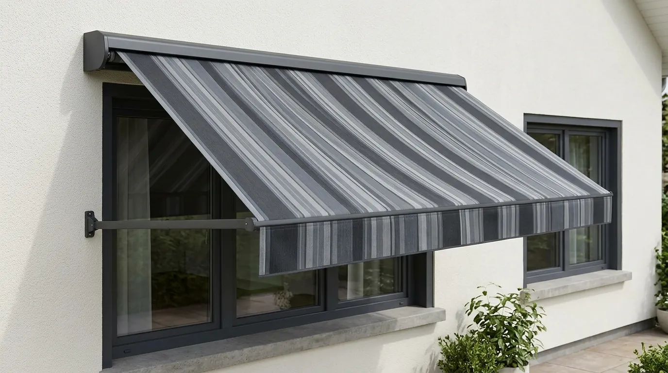 Toldo punto recto con cofre Microbox sobre una ventana de fachada