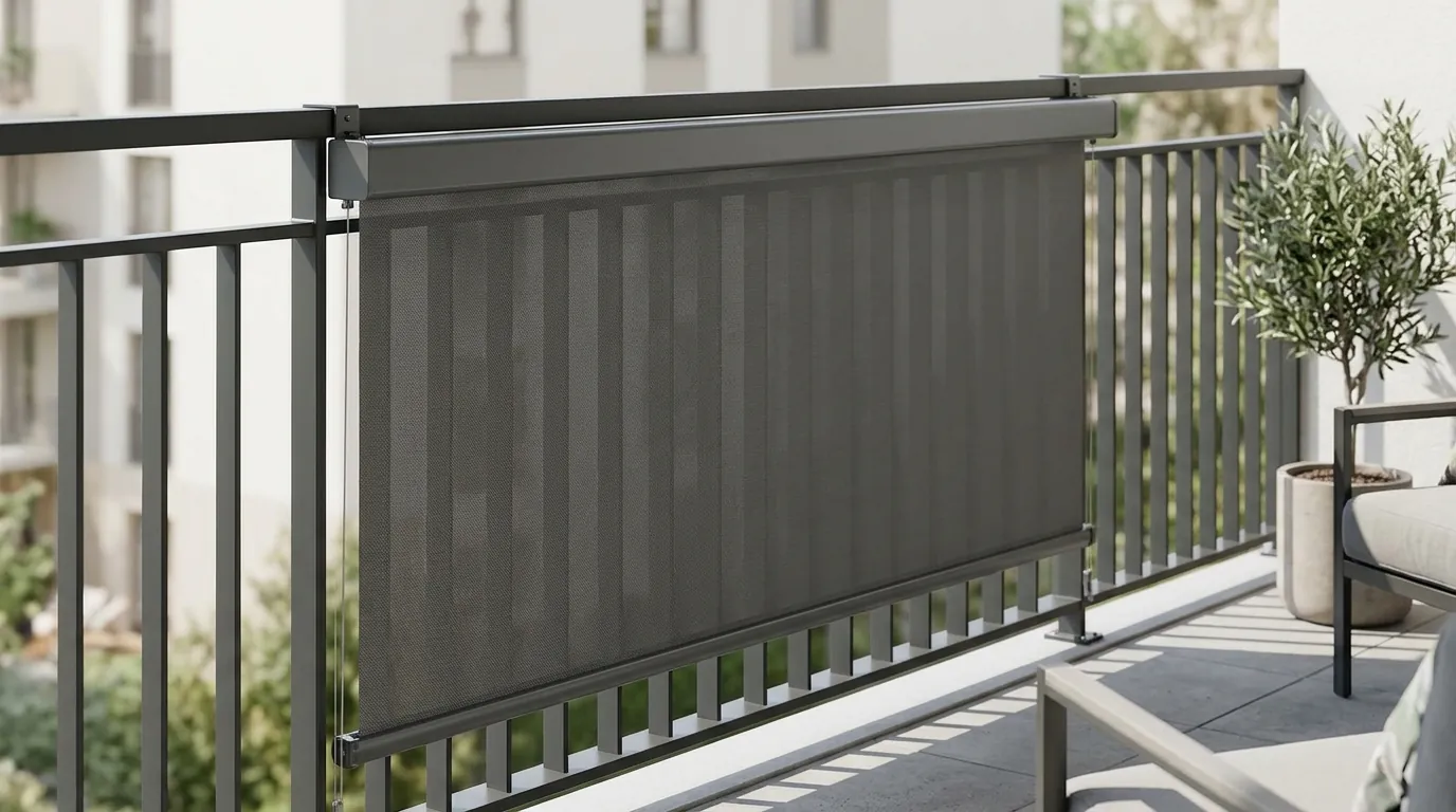 Toldo vertical Microbox fijado a la barandilla de un balcón